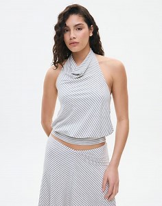 High Cowl Neck Halter Top in Grey Marle Bella Stripe | Glassons