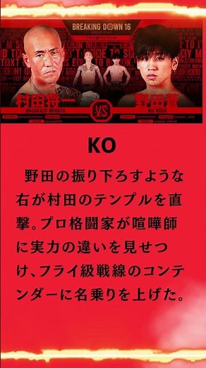 【試合結果速報】村田将一 vs 野田蒼「BreakingDown16」ブレイキングダウン