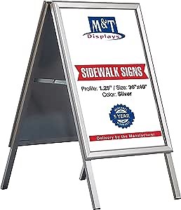 M&T Displays Silver Sandwich Board, Poster Sidewalk Display, 1.25" Aluminum profile, A-Frame Menu Board, Double Sided, Galvanized Backing, Mitered Corner (30x40 inch)