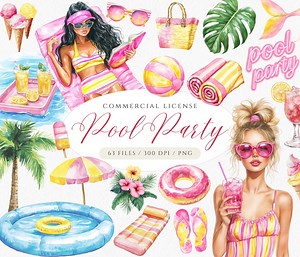 Watercolor Pool Party Clipart: Pink Summer Graphics (digital Download) - Etsy
