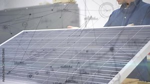 Inspecting solar panel, engineer with network connections animation overlaid