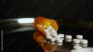 Oxycodone Opioid tablets on the metal table, movement macro close up. Generic pain killing tablets prescribed and controlled. Prescription bottle for Oxycodone tablets and pills.