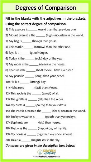 📝 Degrees of Comparison | Worksheet with Answers 🧑🏻‍🏫 | English Grammar for School #english #shorts