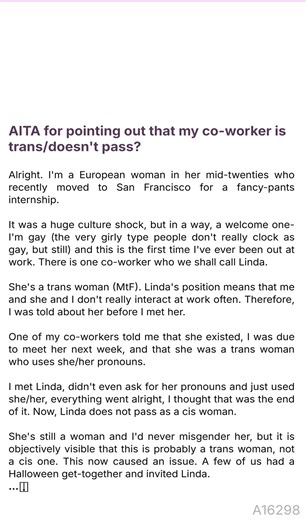 52K views · 46 reactions | AITA for  pointing out that my  co-worker is trans/doesn't pass? | Debra T. Gutierrez | Facebook