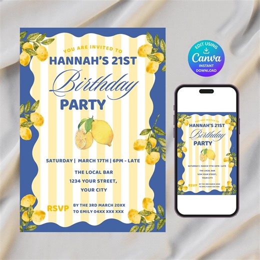 Lemon 21st Birthday Invitation Template, Summer Citrus Birthday Party Invite, Blue & Yellow Scalloped, Canva Editable Digital Invite - 306 - Etsy