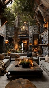 Fairytale Forest Living Room 🌳✨ Magic Meets Cozy - This breathtaking living room brings a full-grown tree indoors—and we are obsessed! 🌿🕯️ With stone walls, warm candlelight, and rustic wood finishes, it feels like a scene straight out of a fantasy novel. The ultimate cozy-meets-whimsical forest retreat! 🍄🏡 #EnchantedInteriors #CozyCastleVibes #RusticLuxury #TreehouseLiving | Courtney's World