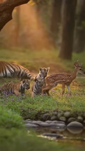 Baby Deer Playing With Tiger Cubs | Unexpected Animal Friendship