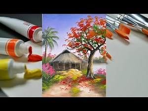 Spring Landscape Painting Tutorial | Blooming Flowers in Front of a Rustic House | Acrylic on Canvas