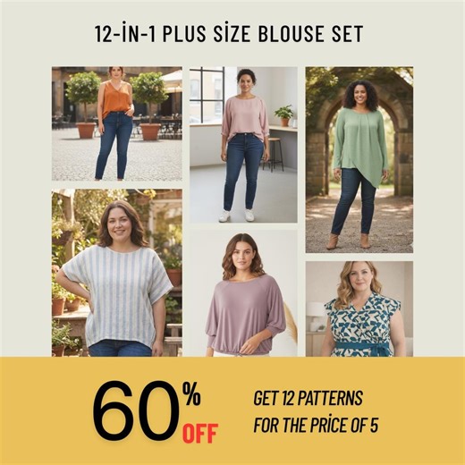 12-in-1 Plus Size Blouse Sewing Pattern Bundle PDF | Tops Sizes 44–52 - Etsy