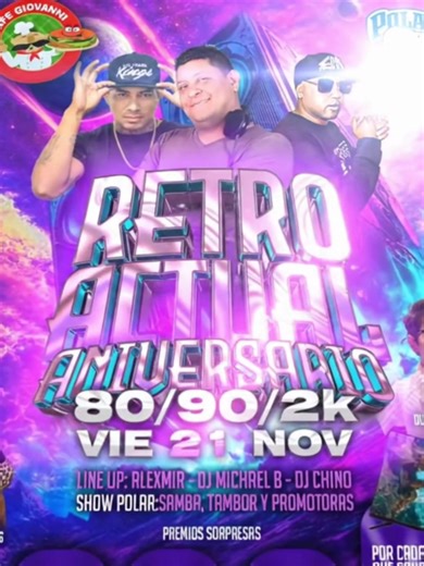 🎉 ¡La celebración de aniversario más GRANDE llega a Cafe Giovanni! 🎉 Prepárense para un fin de semana lleno de música, premios y la mejor energía con #Polarcitas 🍻 🗓️ VIERNES 21 NOV: Retro Actual Aniversario 80/90/2K Con la mejor música de ALEXMIR, DJ MICHAEL B & DJ CHINO, la animación de DUBRASCA LA VOZ y la voz de NENA RODRIGUES. ¡Un viaje musical imperdible! 🎶 🗓️ SÁBADO 22 NOV: Gran Aniversario ¡La fiesta continúa con NELSON GARCÍA (Doble de Marc Anthony)! Además, DUBRASCA LA VOZ y NENA