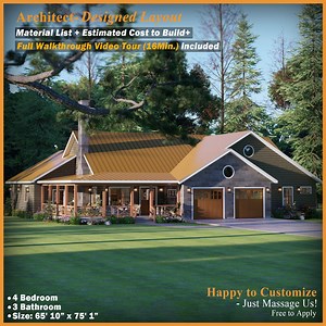 4-bedroom House Plan: Single Story Home Design With Porches (PDF Blueprint) - Etsy