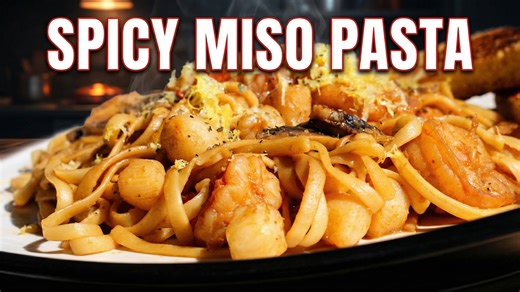 Delicious spicy miso pasta featuring shrimp and scallops