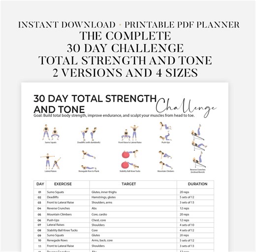 30 Day Full Body Workout Challenge Printable | Full Body Workout Plan | Strengthen Legs, Arms & Core | Home Fitness Planner Instant Download - Etsy