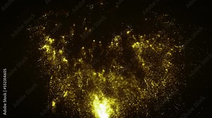 Abstract Gold Particles Rising Background/ 4k animation of an abstract 3d rendered background of bursting gold particles scenery slowly spinning with depth of field and glow shining effect