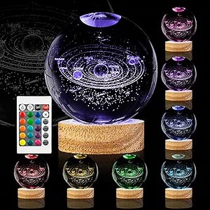 3D Solar System Crystal Ball Night Light 3.15 inch Galaxy Planet Glass Ball Lamp with 16 Color Change Wooden Base and Remote Control Astronomy Space Gifts for Kids Friend Birthday Christmas Room Decor