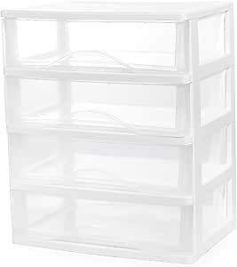 BYCY Plastic Stackable Storage 4 Drawers, White Bathroom Makeup Organizer with Wide Clear Drawers Tabletop Drawer Organizer for Desk,Easily Assemble for Fridge,Bathroom,Cabinet