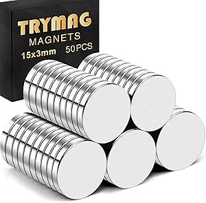 TRYMAG 50Pcs Super Strong Neodymium Magnets, 15x3mm Small Round Fridge Rare Earth Magnets for Crafts, Tiny Neodymium for Whitboard, Dry Erase Board, DIY, Scientific Models, Office