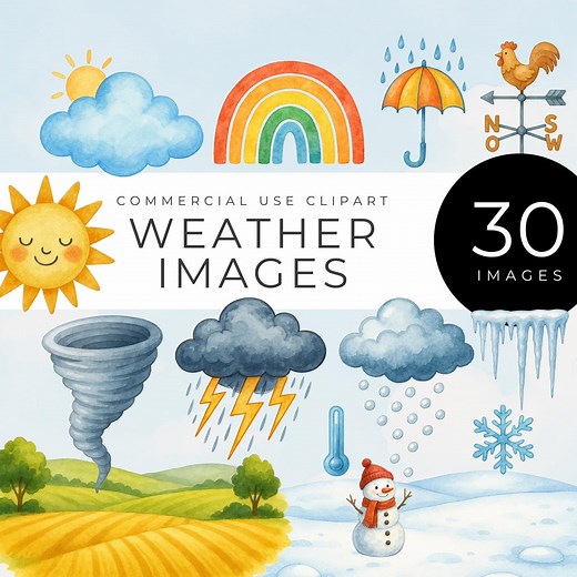 Weather Clipart, Watercolor Sun, Clouds, Rain, Snow, Rainbow, Storm, Tornado, Moon, Kids Classroom Decor, Seasonal PNG Graphics, Rainy Day - Etsy