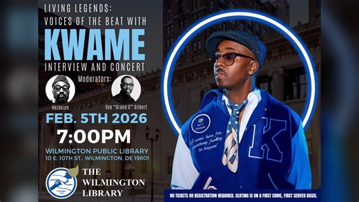 Wilmington Public Library on Instagram: "This isn’t a throwback—it’s a continuation. The stories, the sound, the message we've previously brought to you still resonating, still relevant today. Join us tomorrow for an evening with "Living Legend," Kwame! *Concert will follow the discussion. 📅 February 5th, 2026 ⏰ 6 PM discussion, 7 PM showtime 📍 Wilmington Public Library; 10 E. 10th St., Wilmington, DE 19801 @kwamevision @grand_geee @hezekiah3rd"