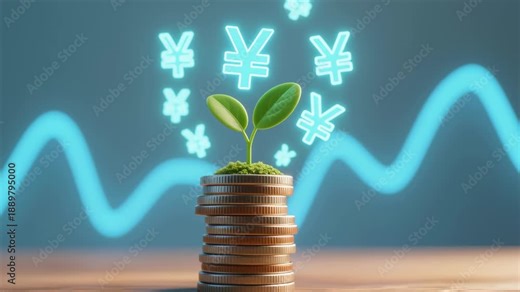 Cashless digital payment innovation drives global money transfer and online banking economy growth with secure transaction technology, finance currency coin stack, plant growth yen