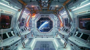Detailed view of high-tech control panels and equipment inside a space station, A space station interior with high-tech control panels and zero-gravity chambers