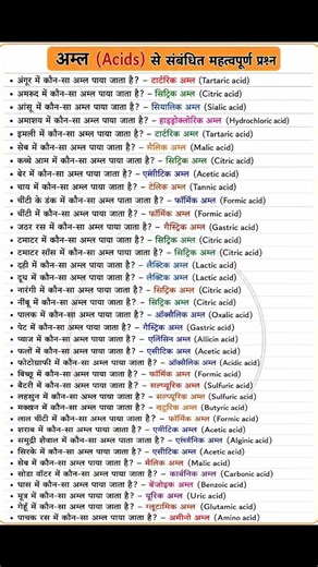 🔥 अम्ल से जुड़े महत्वपूर्ण प्रश्न | Acids Important Questions in Hindi | Chemistry