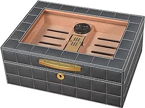 Glass Top Leather Humidor, Desktop Cigar Storage Box Covered with Leather, Cedar Wood Case with Digital Hygrometer and Humidifier Holds 25-50 Cigars (Gray)-VOLENX