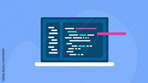 Programming code on laptop screen, software application and web development concept, abstract technology cartoon style video animation.