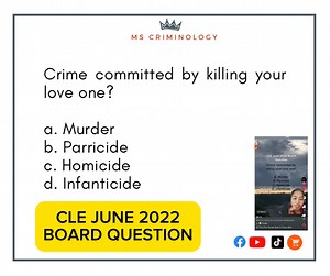 12K views · 501 reactions | Criminologist Licensure Examination | Board Question Crime committed by killing your love one? • Murder • Parricide • Homicide • Infanticide What is your answer?  We also have hard copy for these, just click through link https://shope.ee/4ppc1eXiWz | MS Criminology | Facebook