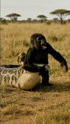 Brave Young Gorilla Fights Off Giant Python #gorilla #python