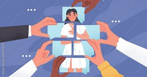 Dependence on public opinion. Moving banner with an insecure woman with low self esteem and lack of confidence. Hands of society collect girl from pieces. Cartoon flat animated graphics