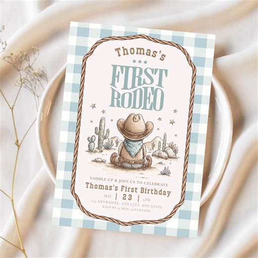 Vintage Cowboy First Birthday Invitation My First Rodeo Boy Invite Western Baby Birthday Template Editable Canva Rodeo Party Invite - Etsy
