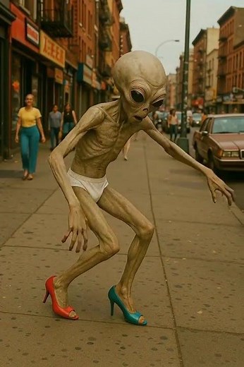 The alien tries on high heels for the first time