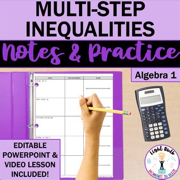 Multi-Step Inequalities Guided Notes, Practice Worksheet, Video Lesson EDITABLE