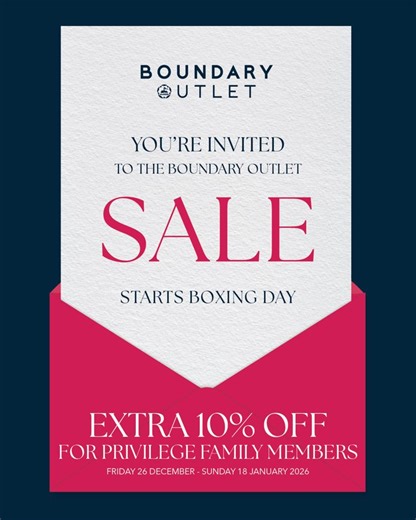 Boxing Day Sale starts today at 9am! ⏰ Get to your nearest Boundary Outlet and get massive savings on your favourite brands... AND if you're a Privilege Customer you get an EXTRA 10% OFF! 😱 #BoxingDaySale #SaleAlert #Discounts #Savings | Boundary Outlet