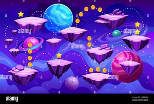 Space level map. 2D arcade game flying platform cartoon galaxy background future astronomy video games levels alien planet asteroid, computer videogame vector illustration of space ui fantasy level Stock Vector Image & Art - Alamy