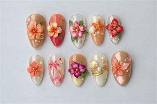 Tropical Hibiscus Press On Nails, Beach Floral Starfish Shell Summer Almond Fake Nails, Hawaiian Vacation Nail Set