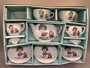 Vintage Toy Childs Tea Set; Little Girl With Doll in a Wagon - Etsy