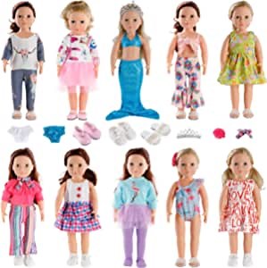 American Doll Clothes and Accessories - 24PCS Baby 18 inch Doll Clothes for Girl Toy 10 Set of American Doll Outfits and 3 Pairs of Shoes Dresses,One-Shoulder,Mermaid,Pajamas,Swimsuit for My Life Doll