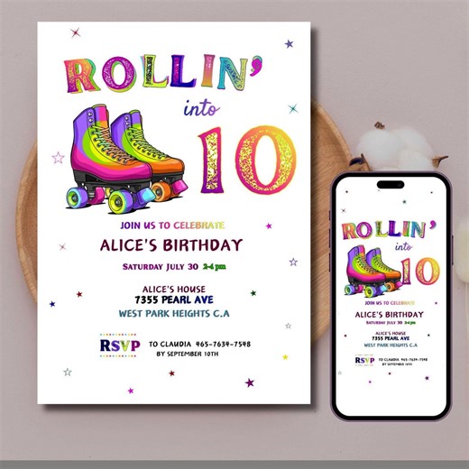 Rollin' Into 10 Birthday Invitation, Roller Skate Party Invite (digital Download) - Etsy