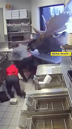 Natural Wildlife on Instagram: "Security camera footage captures a terrifying moment as a massive moose gallops across a snowy street and crashes directly through a fast-food drive-thru window. The kitchen turns into a zone of pure chaos as employees scramble for safety while the beast thrashes its antlers, smashing industrial equipment and food prep stations. After a minute of destruction, the animal leaps back out into the winter landscape, leaving behind a devastated workspace. #animals #moos