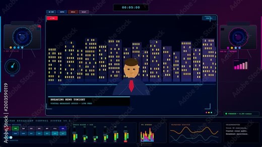 A sophisticated virtual broadcast studio featuring a news anchor presenting live updates against a shimmering nocturnal city skyline with complex digital control interface overlays