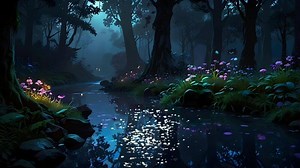 A serene forest scene at dusk with a stream, glowing flowers, and a pink-hued sky peering through the silhouette of trees.