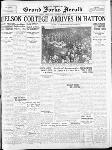 Today in History: March 26, 1930 - Eielson cortege arrives in Hatton for state funeral