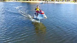 How cool?! Check out the world's first electric hydrofoil jetski 😲 Developed in Perth at The University of Western Australia, the lithium-battery powered craft can propel itself out of the water and travel as fast as a conventional jetski. And what's even better... It produces no emissions, is energy efficient and almost completely silent. | ABC Perth