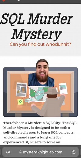 This game is so fun! And it helps strengthen your SQL skills! Note: you’ll want to learn a little bit of SQL first to get the most out of this. The free Khan Academy SQL course would be a great way to learn before playing.#greenscreen #data #dataanalysis #dataanalytics #dataanalyst #dataanalyticscertificate #datascience #datascientist #datafromhome #datajobs #techjobs #breakintotech #database #sql #sqlmurdermystery #learnsql #learnsqlontiktok #learnsqlonline