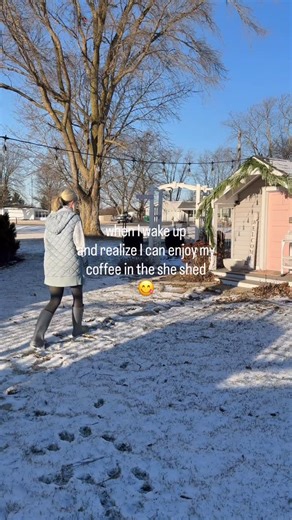 Martha Knake | home decorator on Instagram: "Yippeeee Yippeeee ☕️🏠 mornings in the she shed, she shed living, she shed life, tiny house love, my sweet retreat, my corner of the world, slow mornings, cold winter morning"