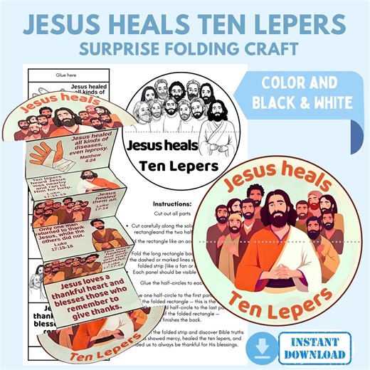 Jesus Heals Ten Lepers Bible Craft | Folding Surprise Printable Coloring Booklet for Sunday School Lesson on Gratitude - Etsy