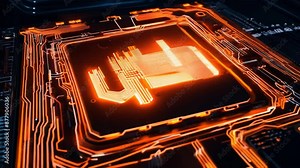 A close-up of a high-tech computer circuit board, also known as a PCB, with a central processor chip and other electronic components