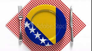 National cuisine and dishes of Bosnia and Herzegovina. Delicious recipes. Flag on a plate with food from Bosnia and Herzegovina.